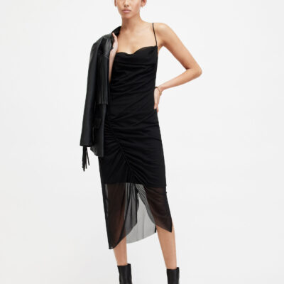 Ulla Mesh Draped Slim Fit Midi Dress