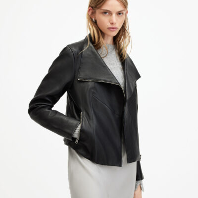 Gray Funnel Neck Draped Leather Jacket