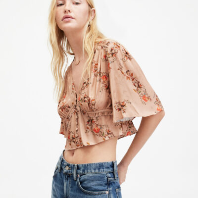 Tian Floral Print Oto Shirred Bust Top